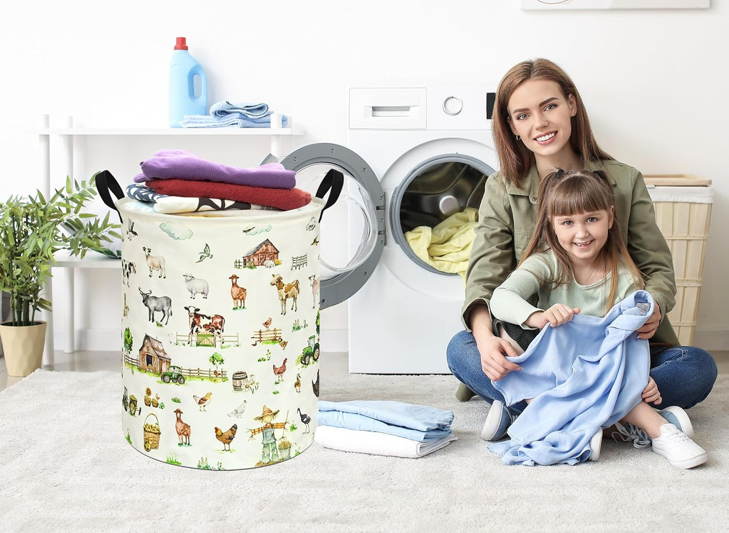 Collapsible Kids Laundry Basket Clothes Hamper, Foldable Storage Organizer Bin, Toy Clothes Storage with Handles for Boys Girls Bedroom, Room Decor Farm