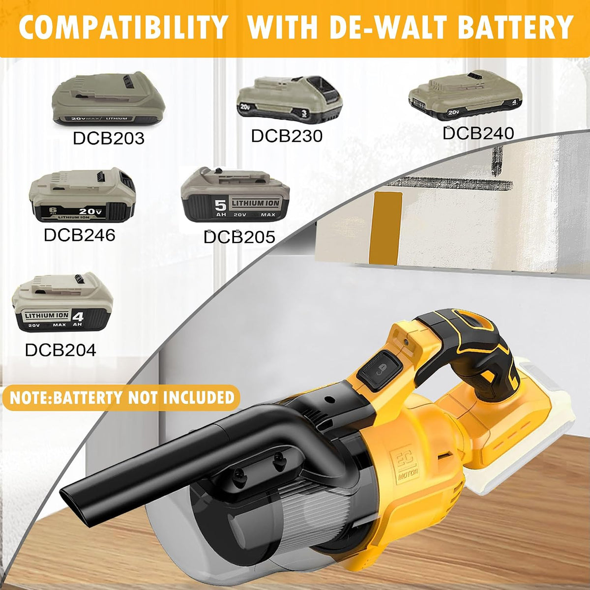 Cordless Vacuum Cleaner for Dewalt 20V Battery, 5 in 1 Handheld Electric Vacuum with Washable HEPA Filter，50CFM 100AW Cordless Vacuum for Floor, Carpet, Car(Battery Not Included)