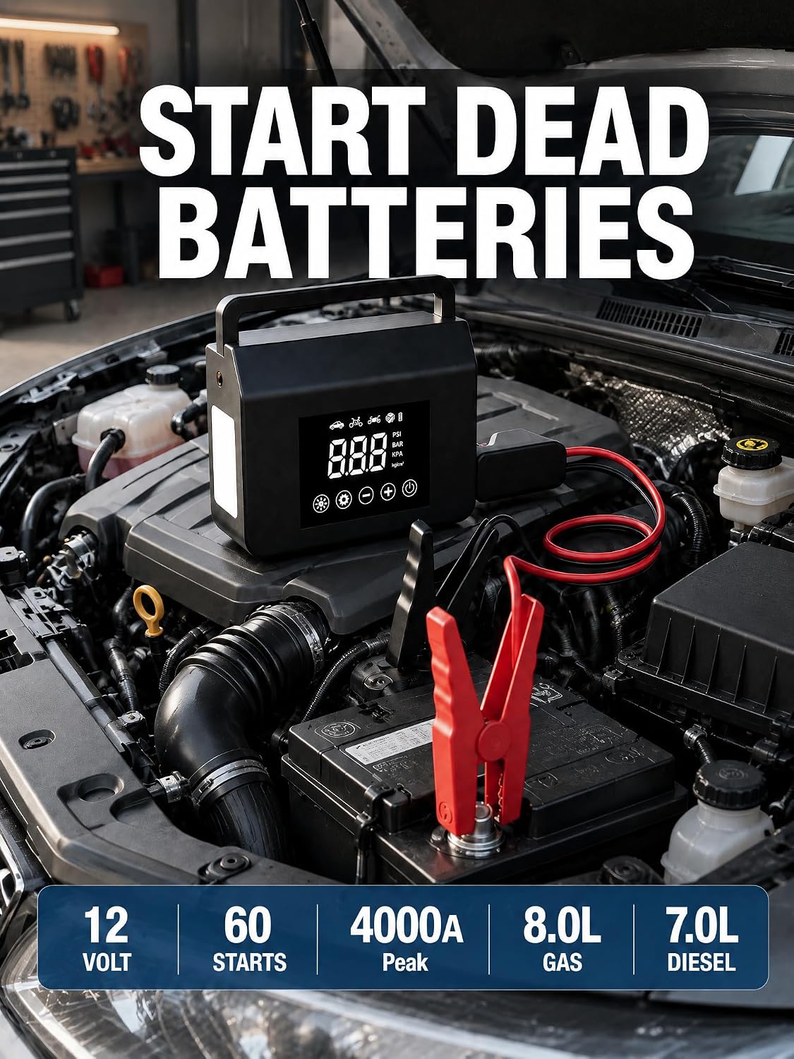 L8 Portable Jump Starter & Tire Inflator,150 PSI Cordless Air Compressor, Jump‑Start Assistance, Emergency Auxiliary Power, Auto Shut‑off, Digital Gauge, Multi‑Mode LED Light