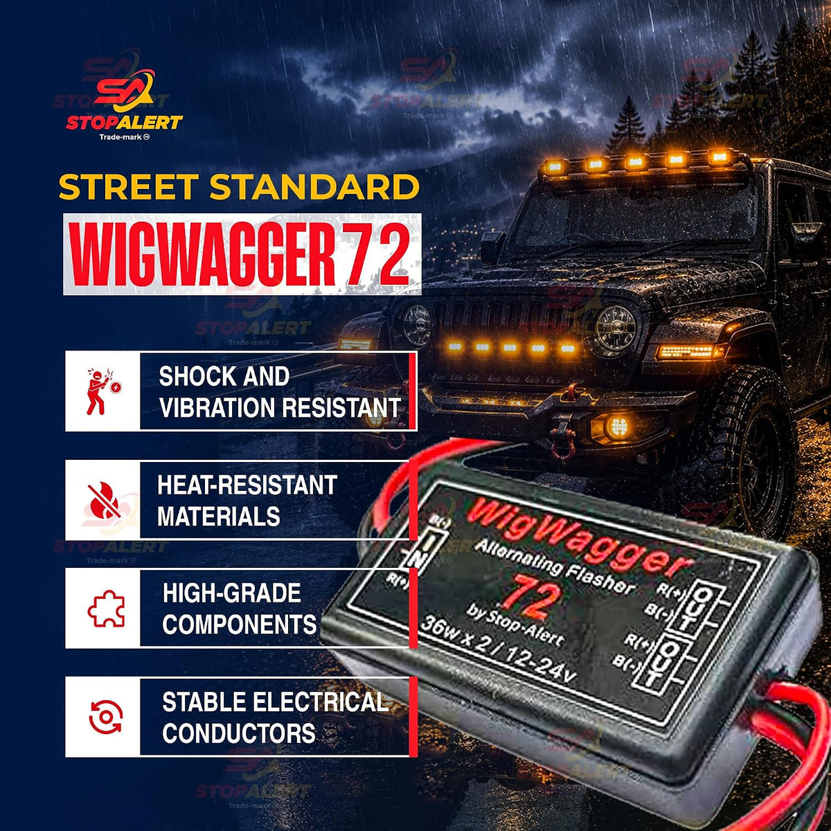 WigWagger 72 Electronic Wig Wag Alternating Flasher Relay - Waterproof Universal Emergency Police Ambulance Car Controller LED Strobe Light Box Kit- Compatible 12-24V