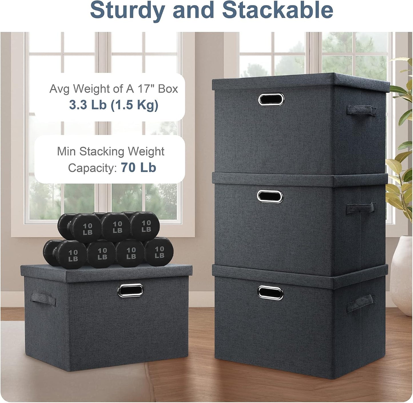Graciadeco Large 17" 36 Quart Collapsible Stackable Storage Bins with Lids, 3 Packs Dark Gray Foldable Fabric Closet Storage Boxes with Lids, Heavy-duty Linen Cube Baskets(17x12x11)