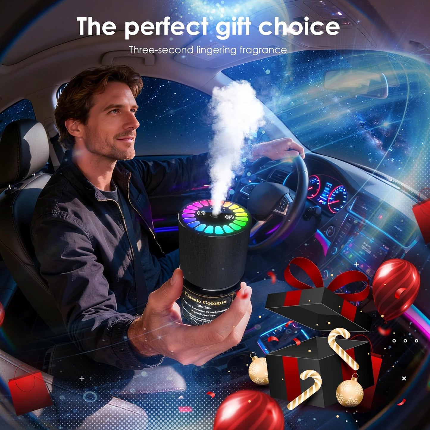 Car Air Freshener, Smart Car Air Freshener, Music-Synced RGB Ambient Lights with Auto On/Off, 150ml, Suitable for Cars, Homes, Offices, Bedrooms (Cologne)