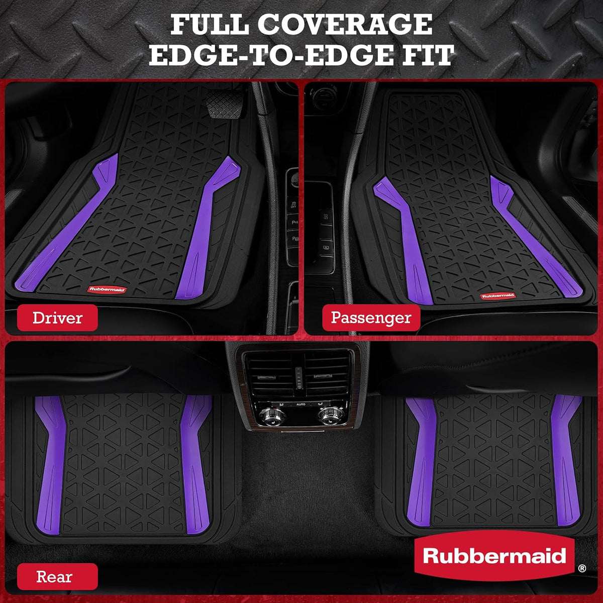 Rubbermaid Car Floor Mats Full Set,Premium Heavy Duty All-Weather Car Mats– Rugged Rubber with Brushed Aluminum Inserts, Universal Trim-to-Fit, Anti-Slip Backing for Cars, SUVs, Trucks & Vans - Purple