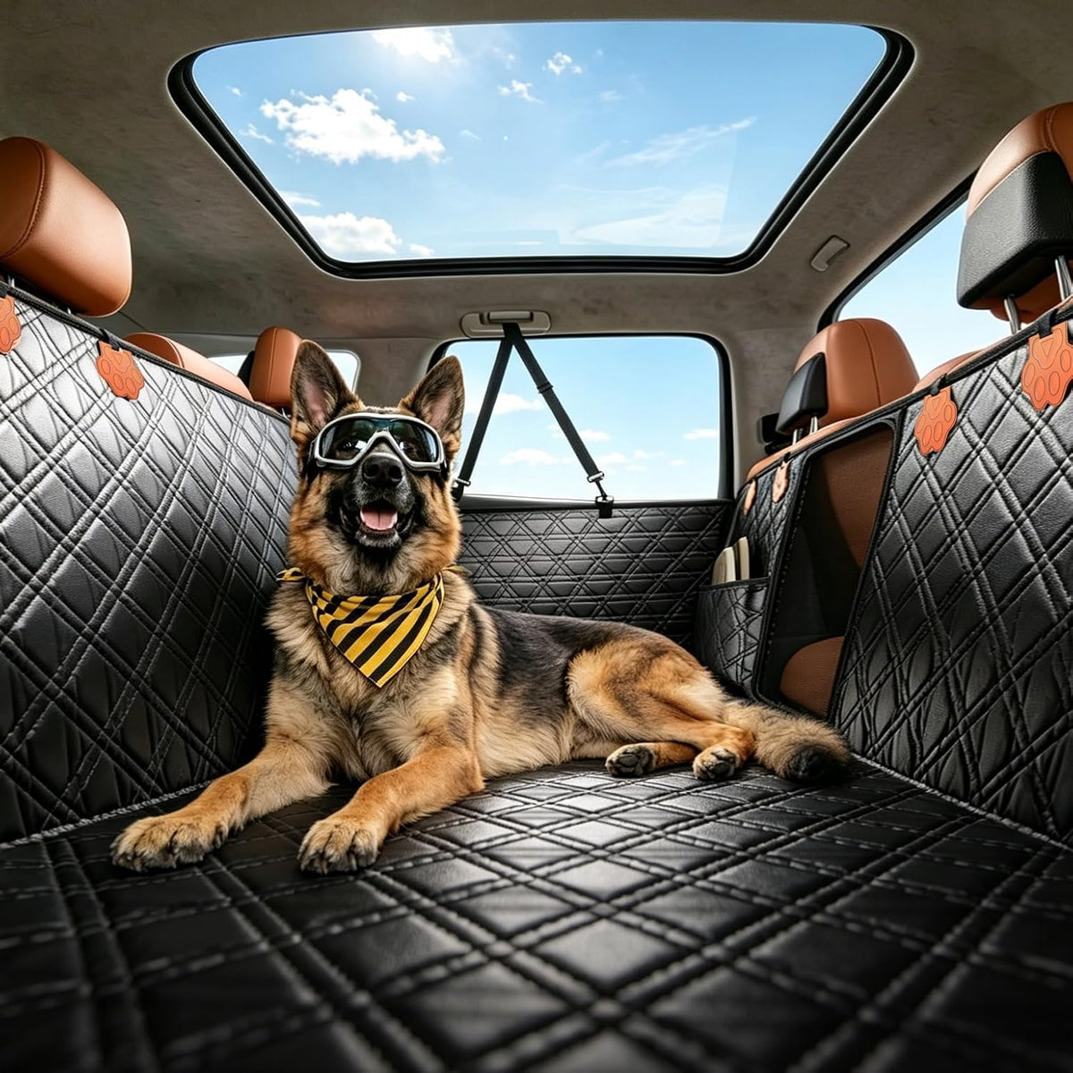 JOYTUTUS Back Seat Extender for Dogs, PU Leather Dog Car Seat Cover for Back Seat with Hard Bottom, Dog Hammock with Mesh Window, Dog Car Seat Cover for Sedans SUVs Small Trucks, Holds 440 lbs