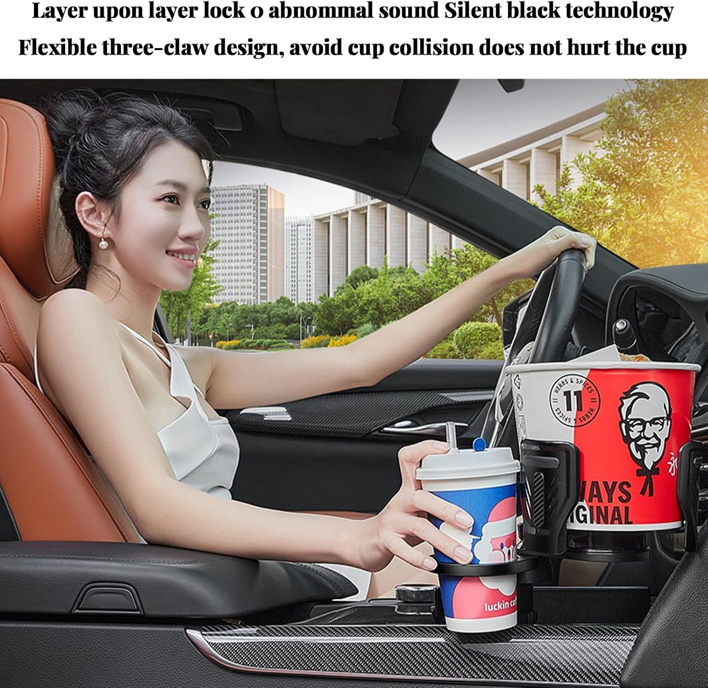 4-in-1 Car Cup Holder with Ash Tray - Adjustable Width, Rotating Base & Lock, Fits 6-10cm Car Slots, Holds Drinks, Fast Food, Bubble Tea (ABS & Zinc Steel)