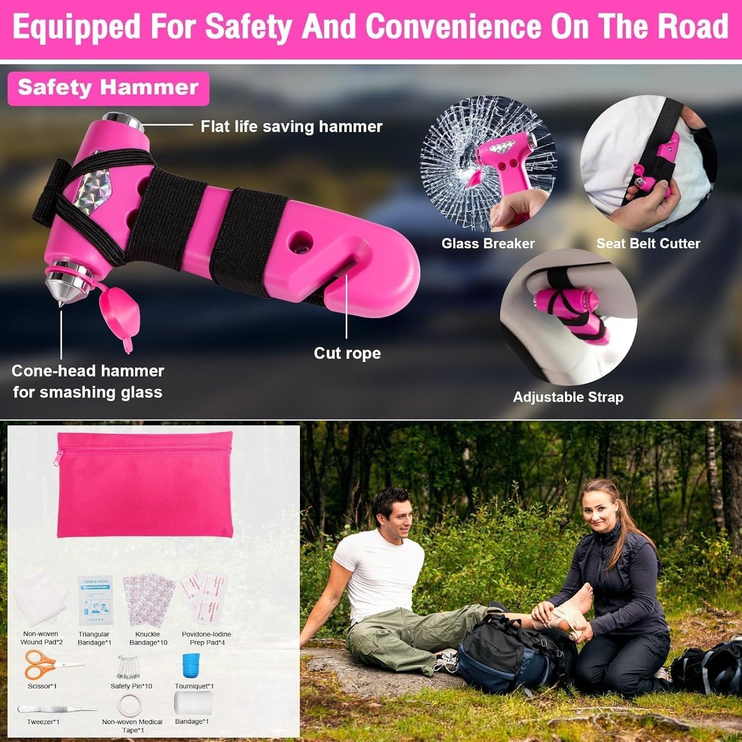 Roadside Emergency Car kit for Vehicles, with 4 in 1 Inflatable Car Vacuum Cleaner, Pink Jumper Cables, First Aid Kit, Tow Rope, Vehicle Road Trip Must Haves Pink Accessories for Women