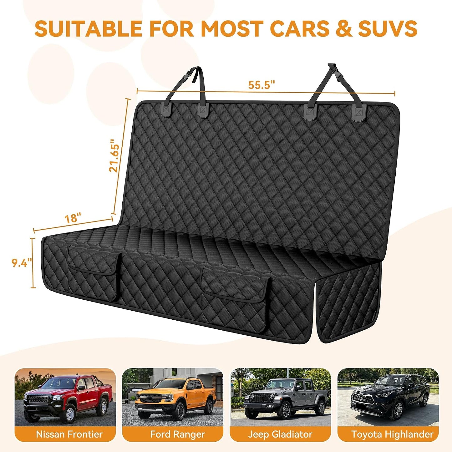 PETICON Back Seat Cover for SUV - Waterproof Non-Slip Dog Seat Cover for Toyota Tacoma/Jeep Grand Cherokee/Ford Explorer/Ranger/Chevrolet Colorado, Durable Scratch-Proof Bench Seat Cover for Dog