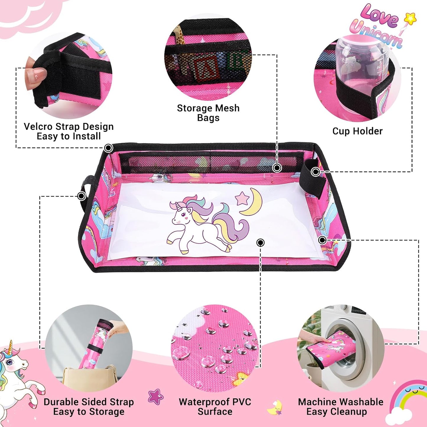COOLBEBE Airplane Tray Table Cover, Foldable Travel Tray Cover for Toddlers 1-3, Universal Fit for Airplane, Car Seat, High Chair, Machine Washable, Portable, Pink Unicorn