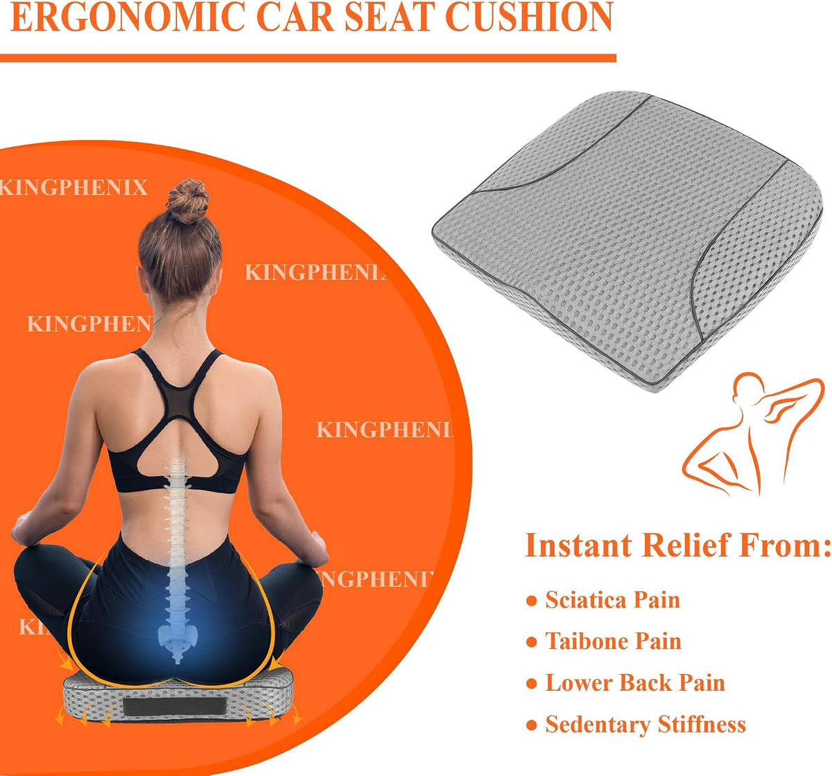 kingphenix Memory Foam Car Seat Cushion for Driving Comfort and Office Use