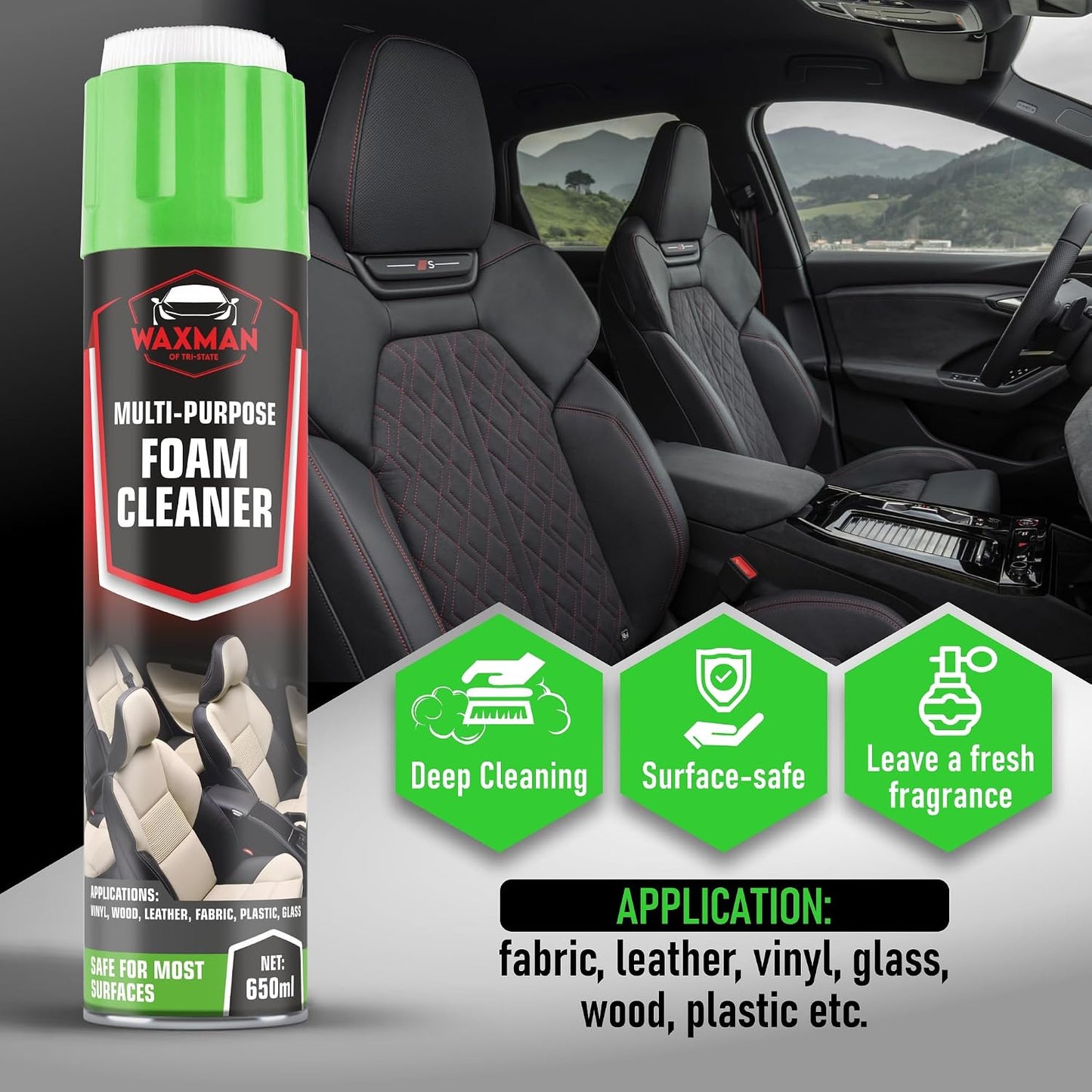 Car Interior Foam Cleaner with Soft Brush Cap – Multi-Purpose Deep Cleaning Foam Spray for Leather, Vinyl, Fabric, Plastic – Safe Non-Drip Formula, Fresh Scent, 22 oz
