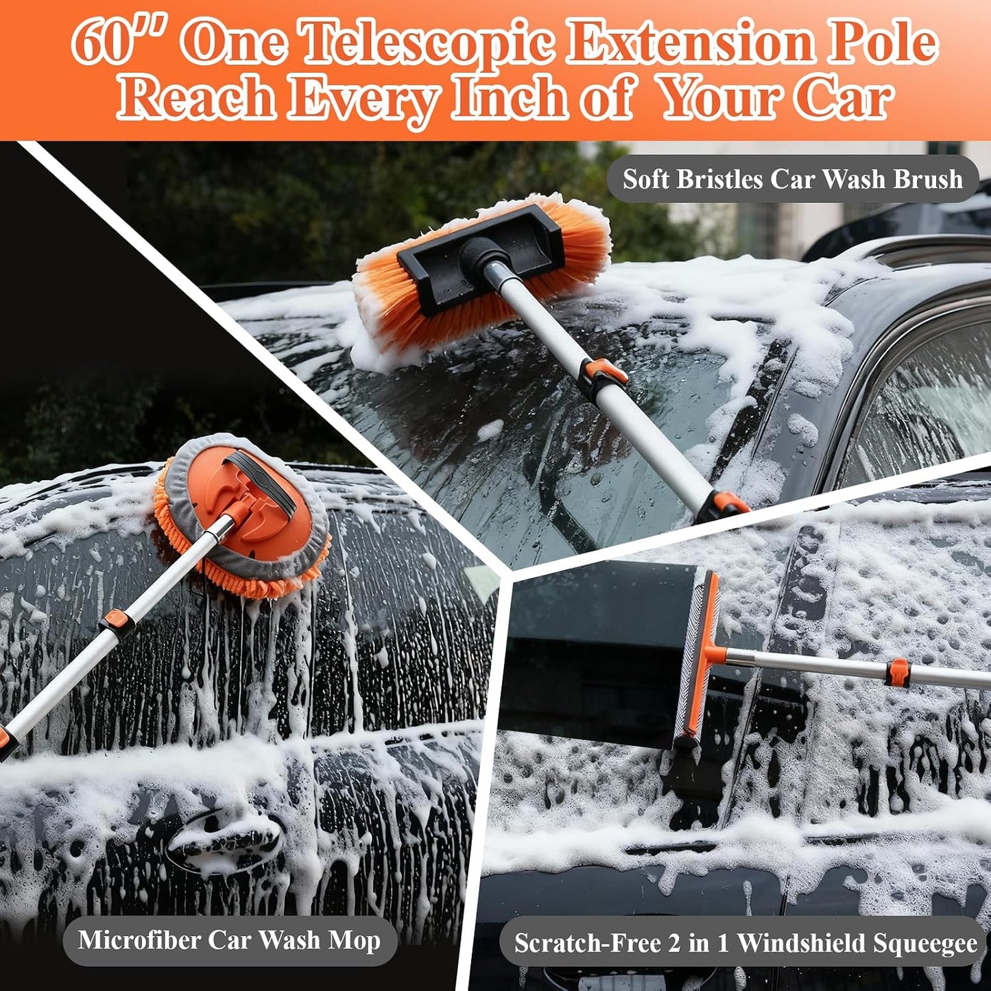 21Pcs Car Wash Kit with 60" Heavy-Duty Extension Pole, Soft Car Wash Brush, Wheel &amp; Tire Brush, Scratch-Free Car Mop Mitt &amp; Window Squeegee, Detailing Tool for Car Exterior &amp; Interior Cleaning