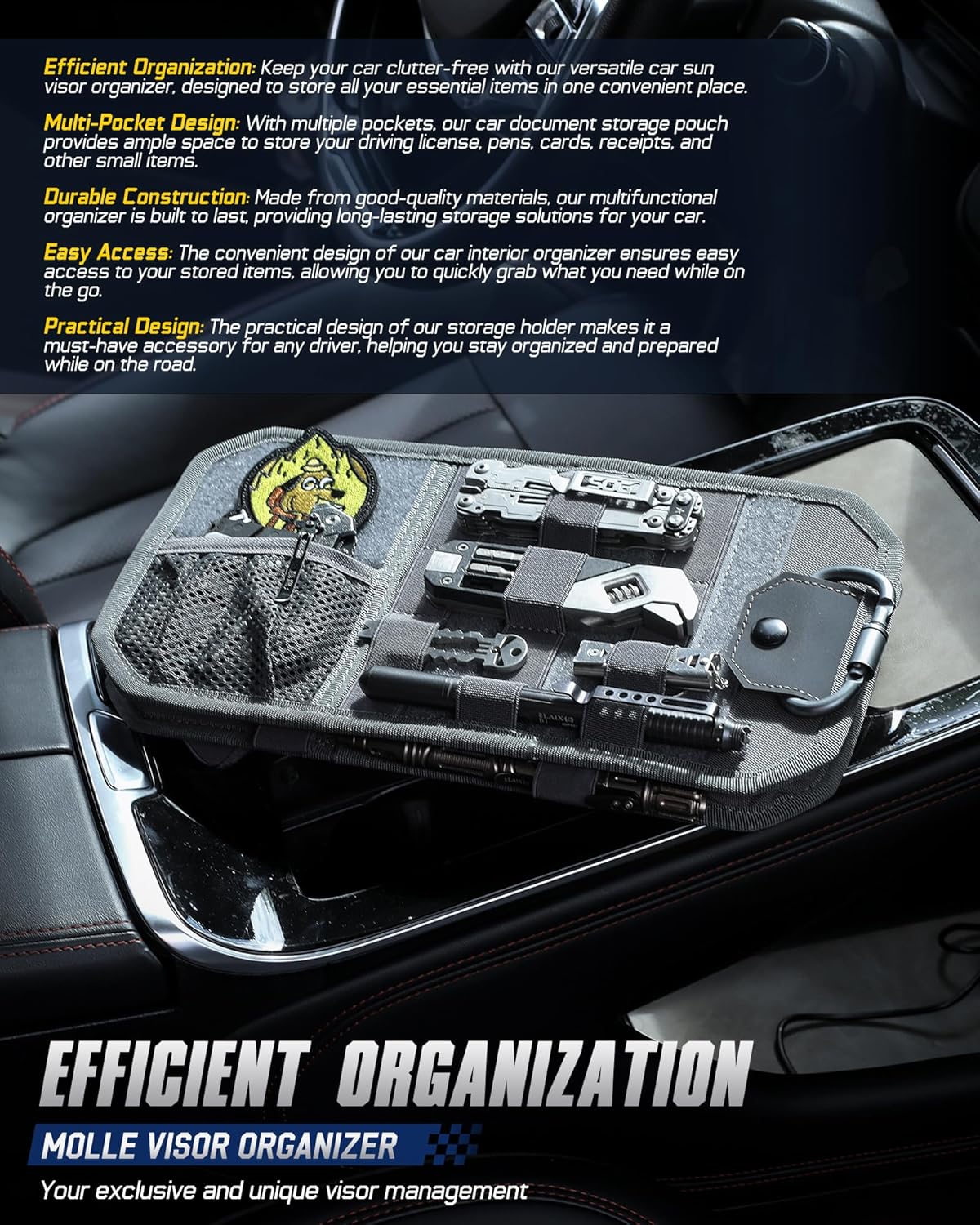 WYNEX Molle Car Sun Visor Organizer, Car Accessories with Zip Storage Pouch & Glasses Holder, Semi-Rigid Molle Panel with Patch for Tactical Gears, Fits Most Cars, Trucks, Pickups, Patrols
