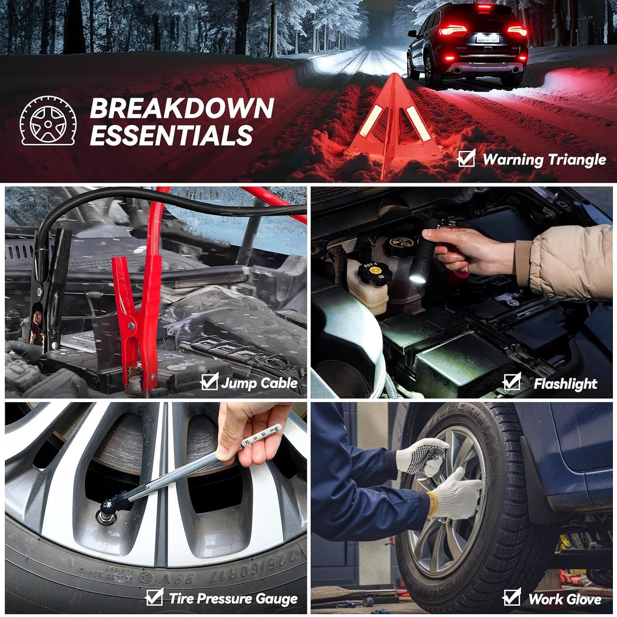 VCANENERGY Car Emergency Kit with Jumper Cable, First Aid Kit, Winter Travel Assistance with Detachable Snow Shovel, Safety Emergency Kit for Cars, Trucks