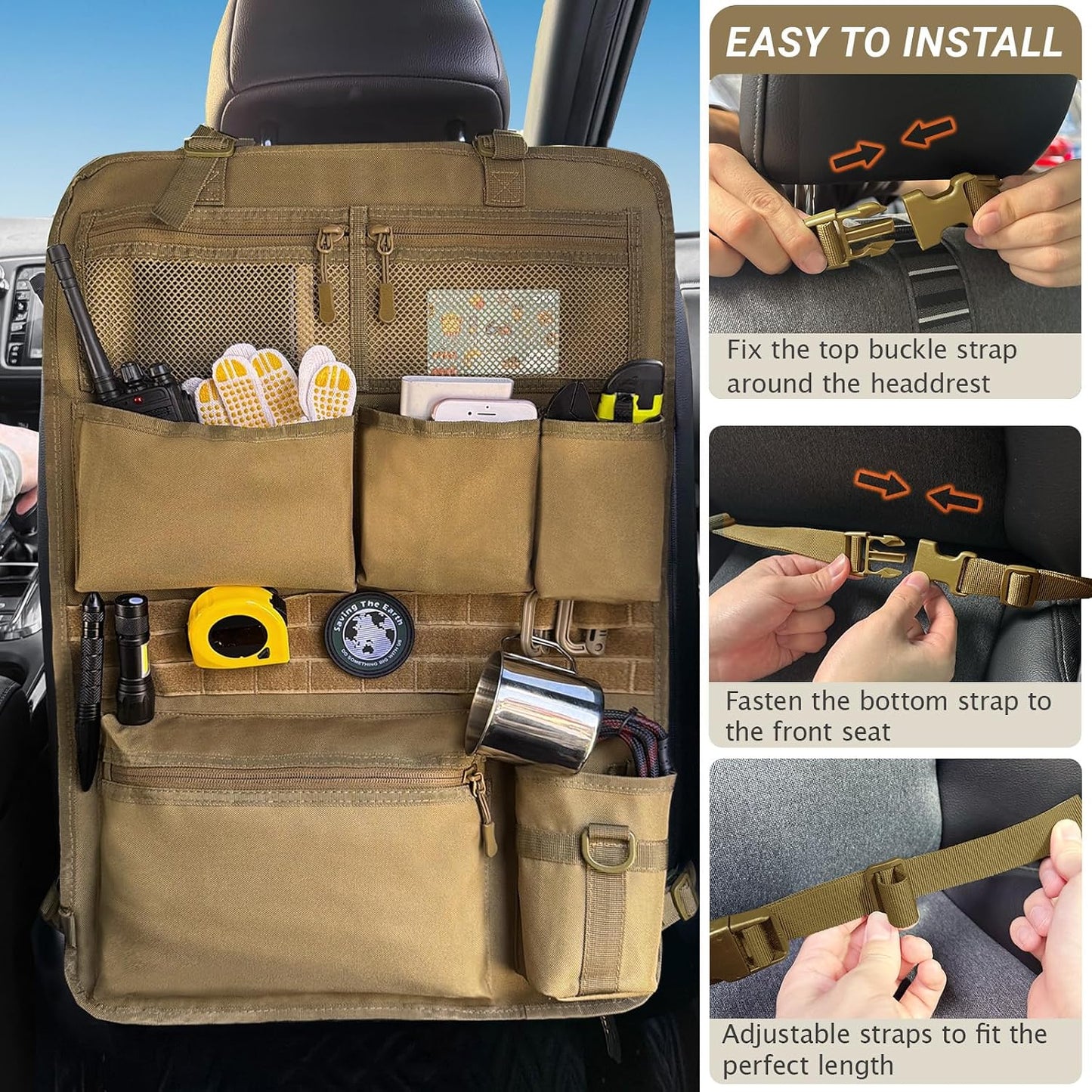 Tactical Car Seat Organizer with Multiple Pockets, MOLLE Panel System & Mesh Compartments, Durable Nylon Universal Vehicle Seat Back Storage with Cup Holder, Water-Resistant (Mud)