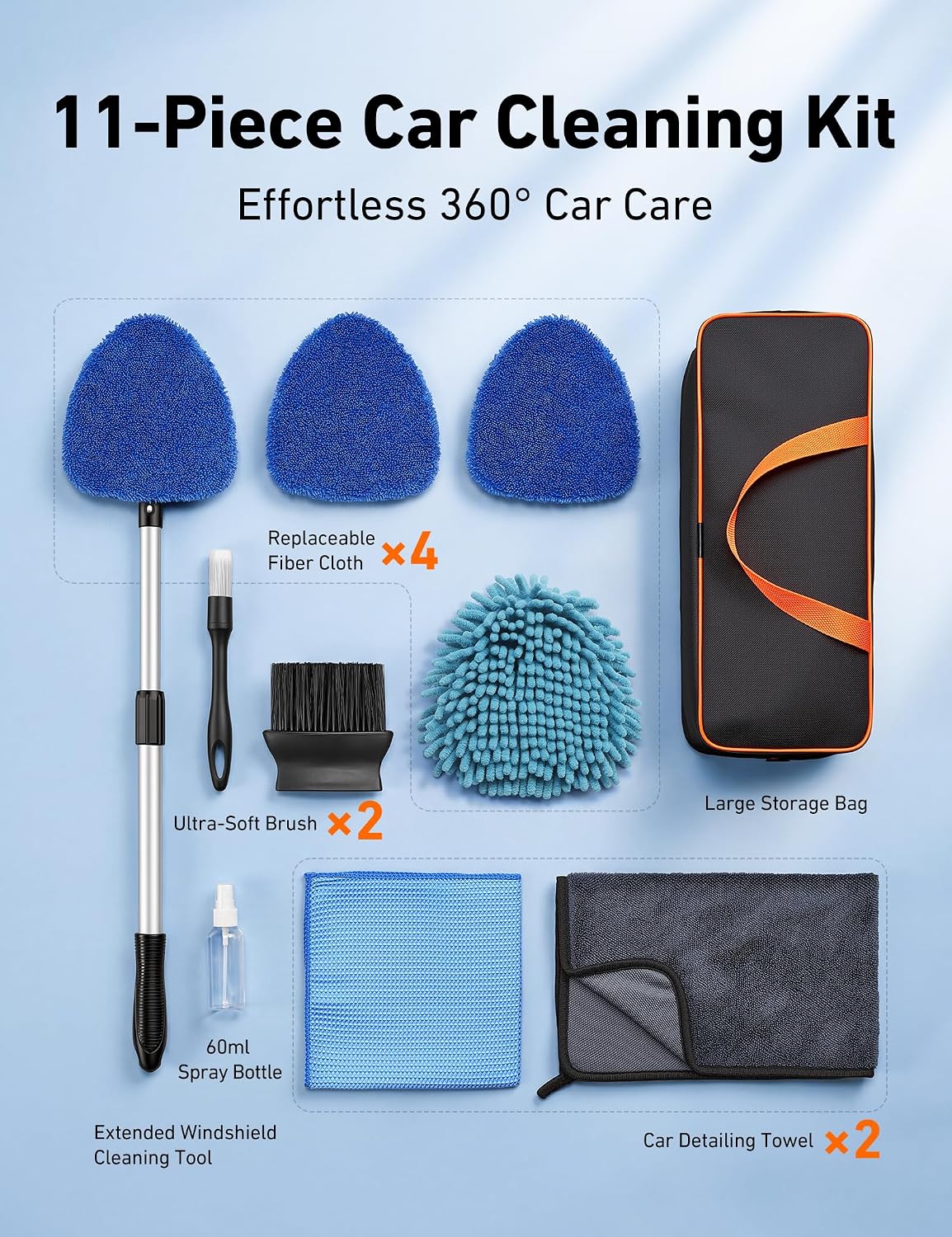 AstroAI 10pcs Car Windshield Cleaner Kit with 32" Extendable Handle