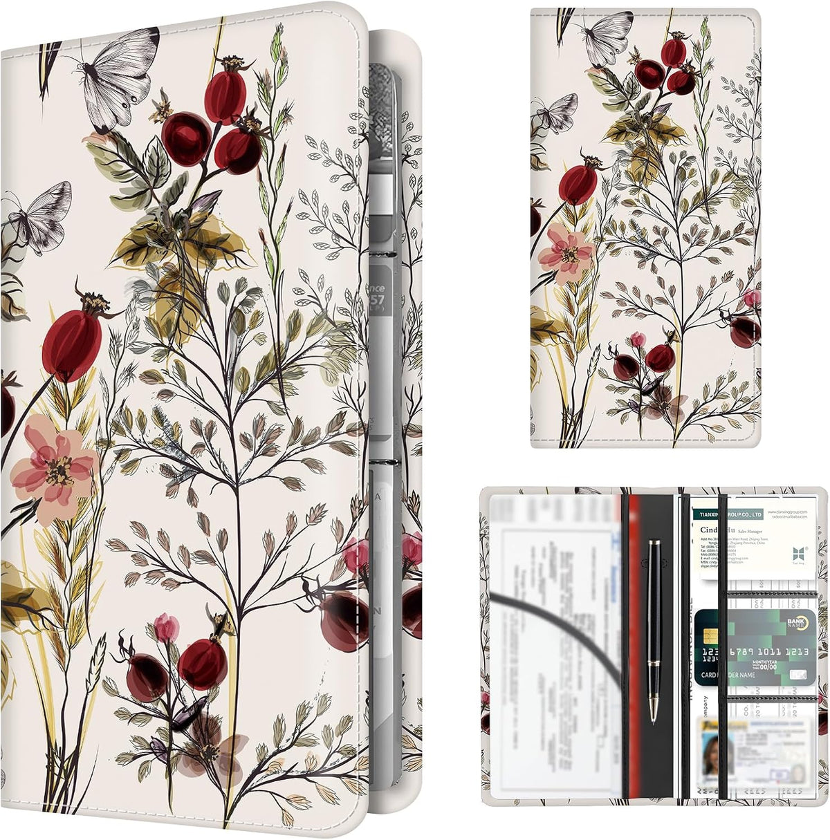 Premium Car Registration and Insurance Card Holder, Cute PU Leather Car Document Holder, Vehicle Glove Box Car Organizer with Magnetic Closure for Driver License, Cards Vintage Red Florals