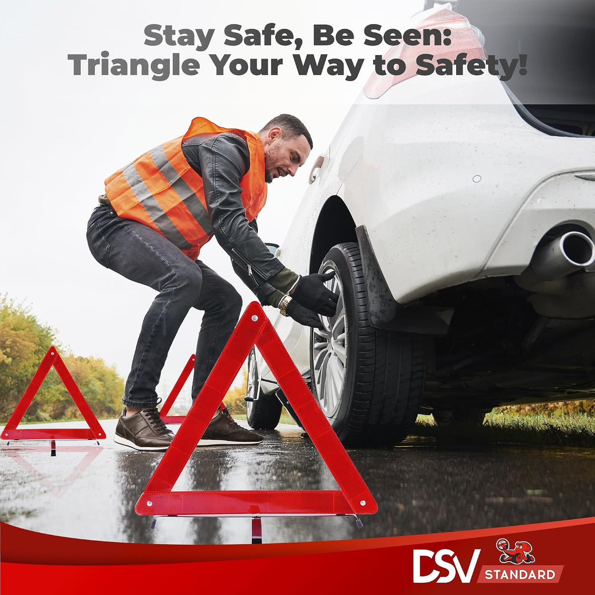 DSV Standard Warning Triangles, Reflective Triangles with Reinforced Cross Base and Carrying Case, Safety Triangles, 3-Pack