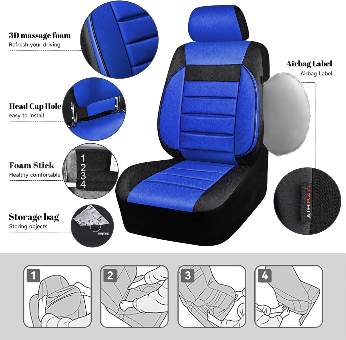 CAR PASS Leather Seat Covers Full Set Universal Water Resistant 3D Foam Back Support, Luxury Comfort Automotive 5 Seat Covers All Season Fit for SUV,Sedan,Van, Airbag Compatible Elegance(Blue Black)