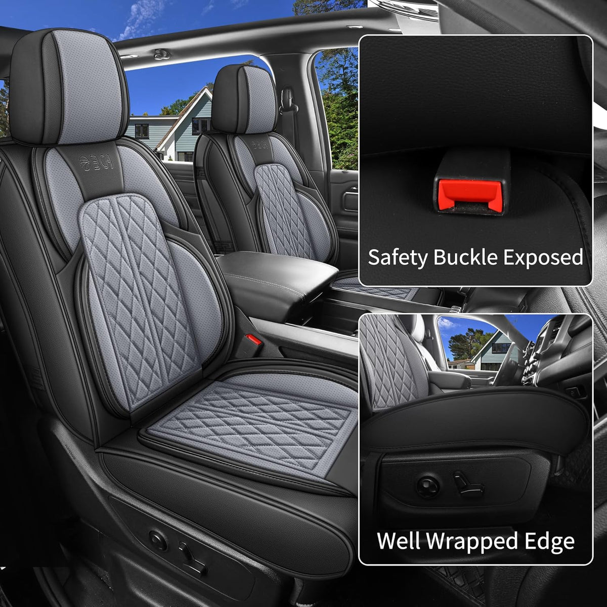 Car Seat Cover Custom Fit for Dodge Ram 1500 2500 3500 2002-2026 Faux Leather Seat Cover Set Compatible with Crew Quad Regular Cab Pickup Truck Cushions (Black & Grey, Full Set, Curved Rear)