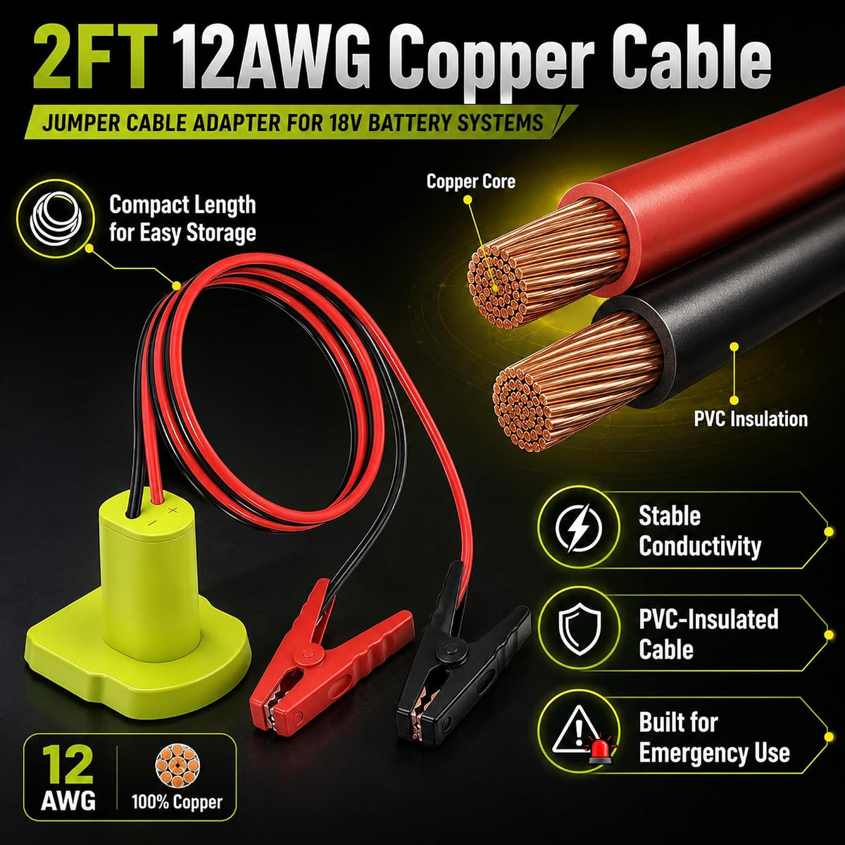 8AWG 2FT Automotive Jumper Cable Adapter for Ryobi 18V Battery Jump Starter