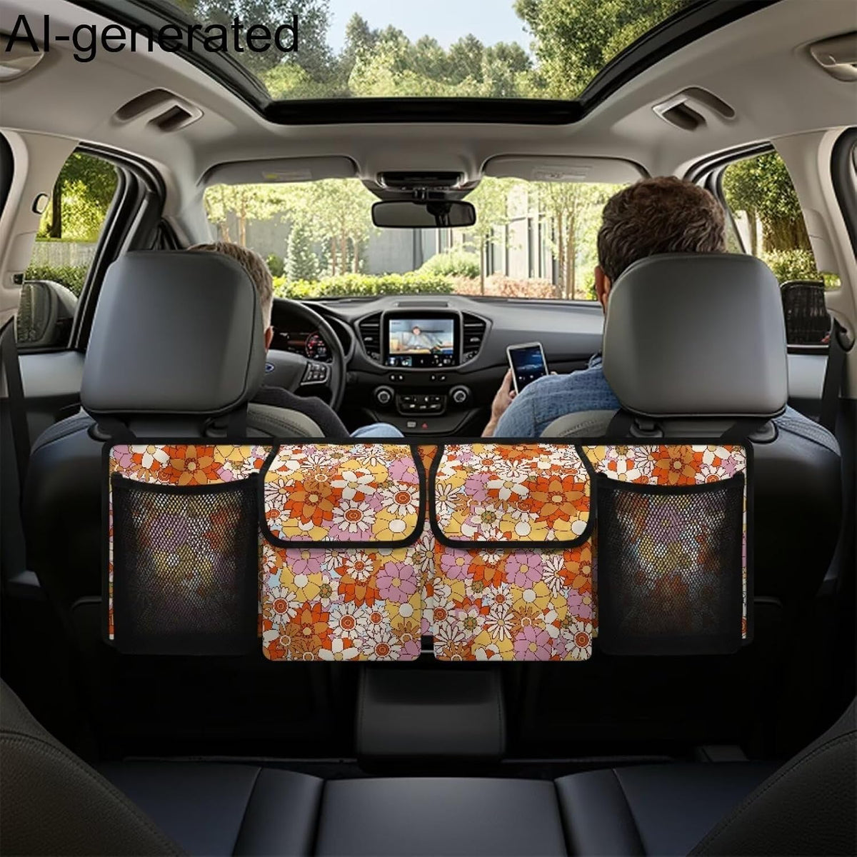 Hippie Flower Car Trunk Organizer,Backseat Hanging Large Storage with Adjustable Straps,Waterproof Collapsible Cargo Bag,Car Interior Accessories for Auto SUV