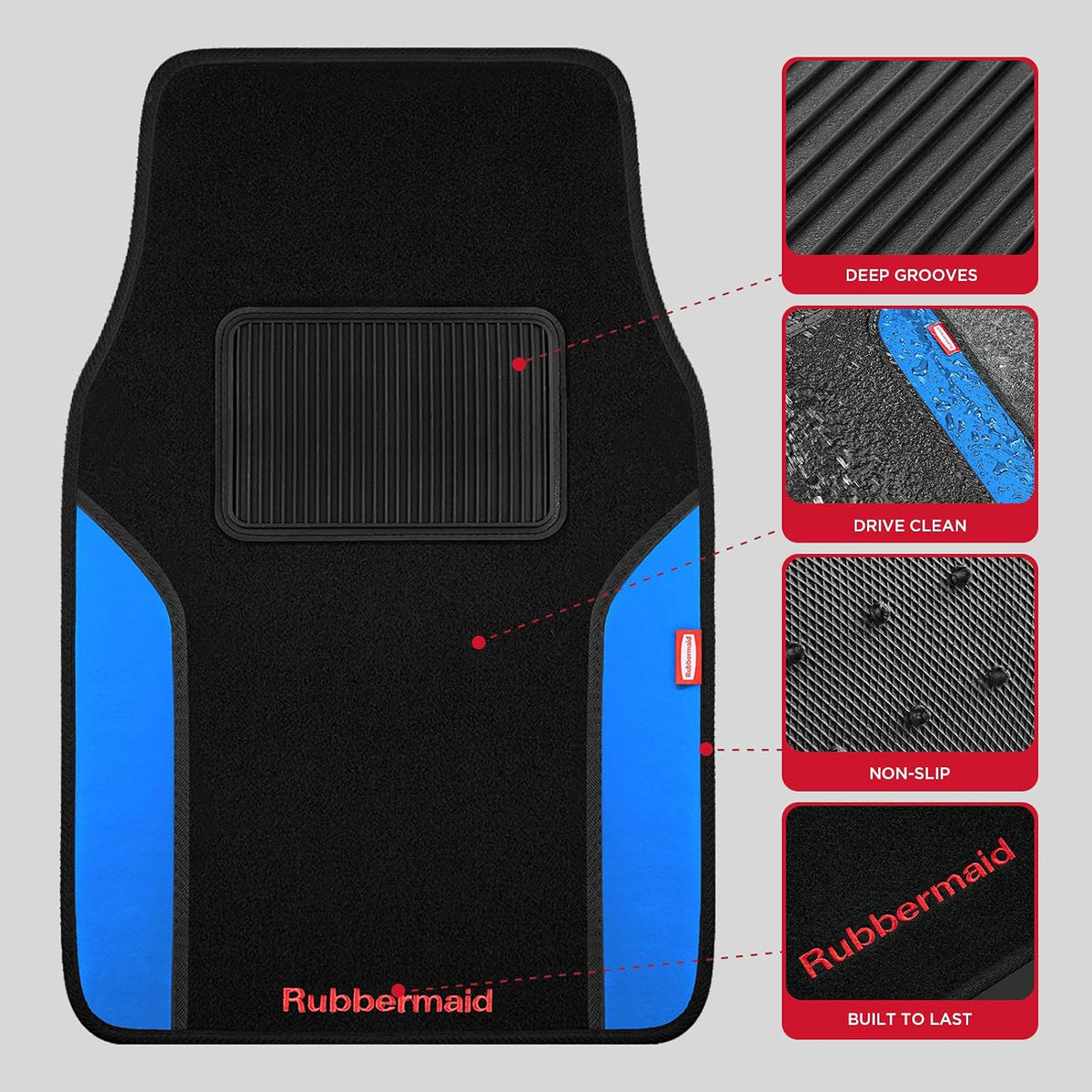 Rubbermaid Car Mats, Carpeted Floor Car Mat with Faux Leather & Built-in Heel Pad, Two-Tone Car Rug Floor Mats, Stylish Carpeted Floor Mats for Cars, Trucks & SUVs Blue Color