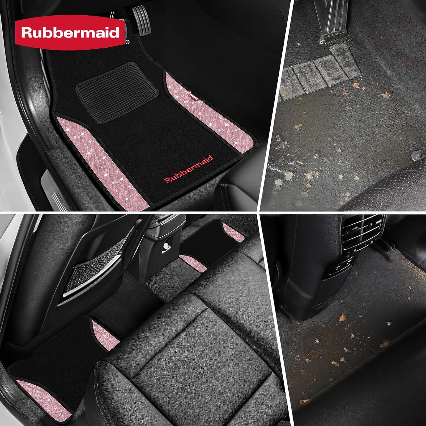 Rubbermaid Bling Car Mats, Carpeted Floor Car Mat with Faux Leather & Built-in Heel Pad, Two-Tone Car Rug Floor Mats, Stylish Carpeted Floor Mats for Cars, Trucks & SUVs Glitter Pink Color