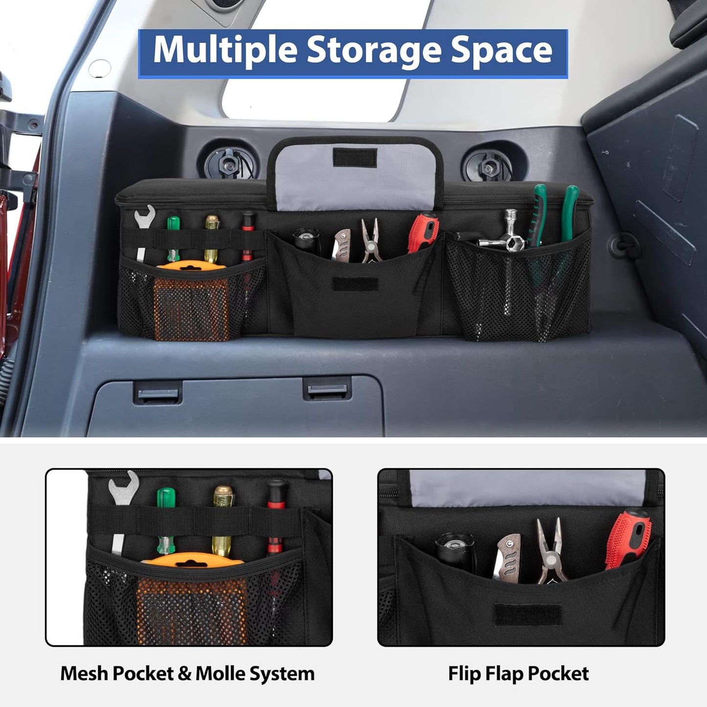 GRAOSO Car Trunk Organizer Compatible with Toyota FJ Cruiser 2007-2021, Rear Storage Bag with 3 Pieces of 1.5” Wide Hook&Loop Tapes, 2 Adjustable Hanging Loops, Multiple Pockets, Black