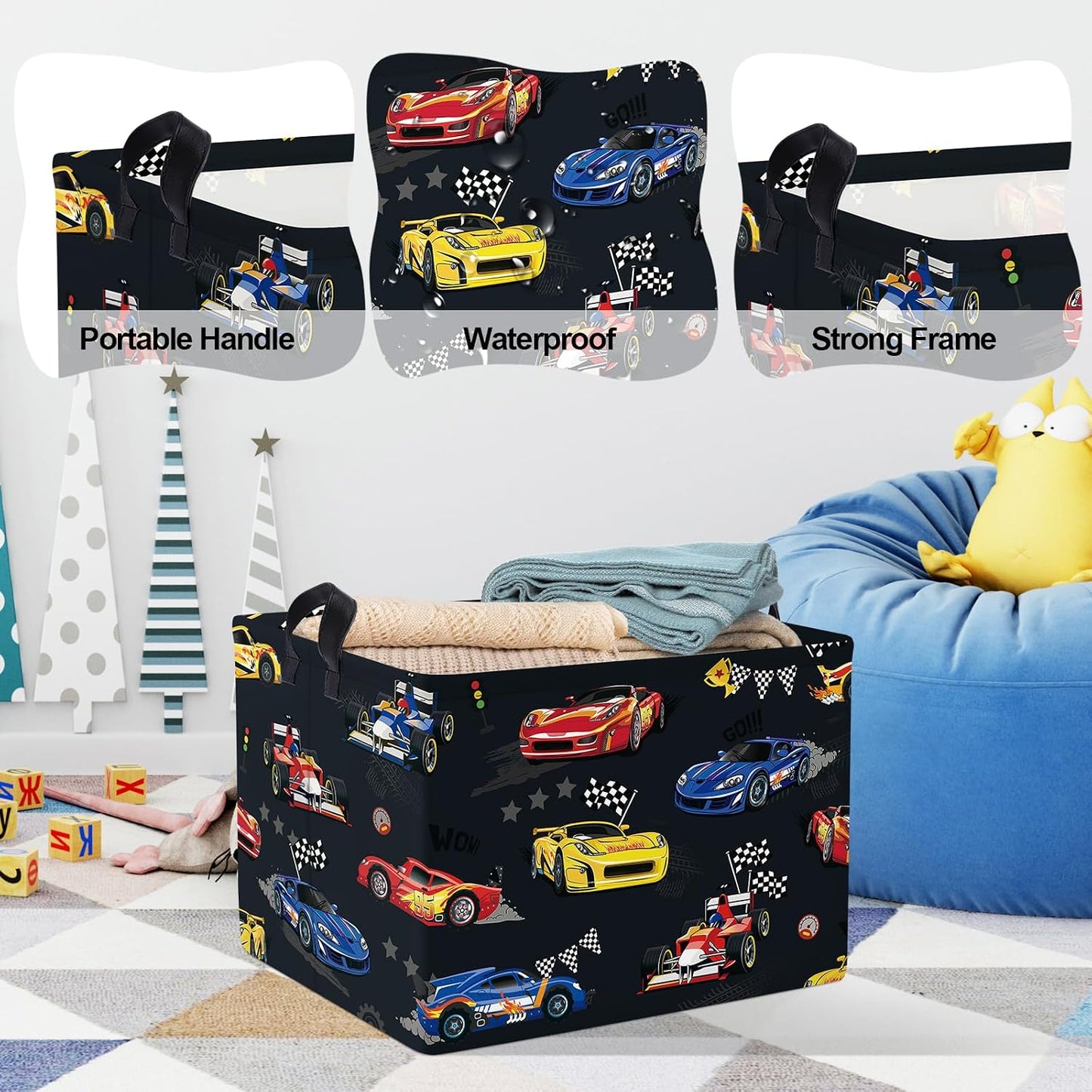 Clastyle Competitive Race Car Kids Book Storage Basket Checkered Flag Clothes Laundry Basket Parents Gift Toy Box for Bedroom Shower, Grey, 40x30x30 cm