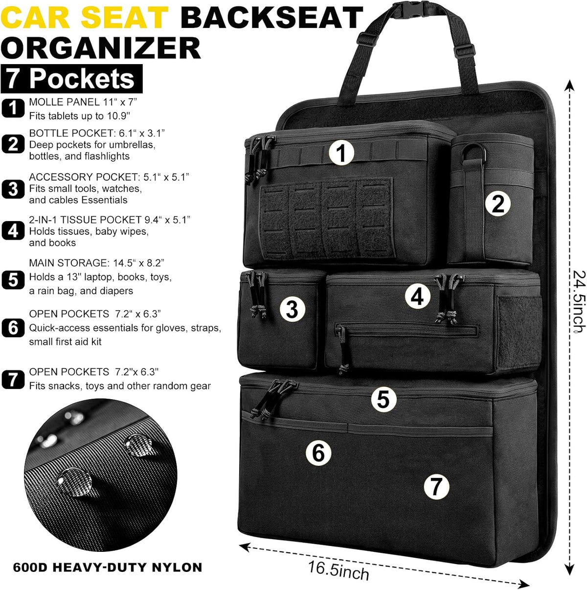 Universal Car Seat Back Organizer with 7 Storage Pockets, Black