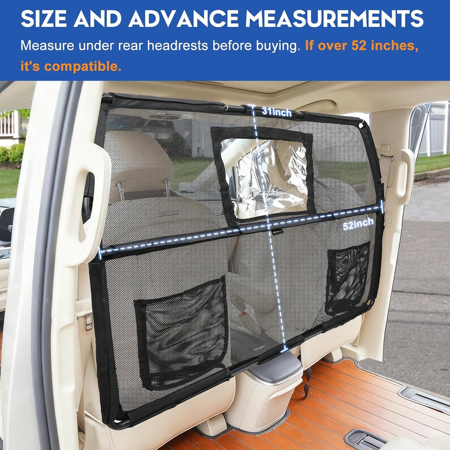 52" Dog Car Barrier for SUV, Wide Escape-Proof & Chew-Proof Dog Car Divider with Removable Visual Window & 2 Storage Pockets, Pet Net Gate for Behind Front Seats, Fits Sedans Cars Trucks