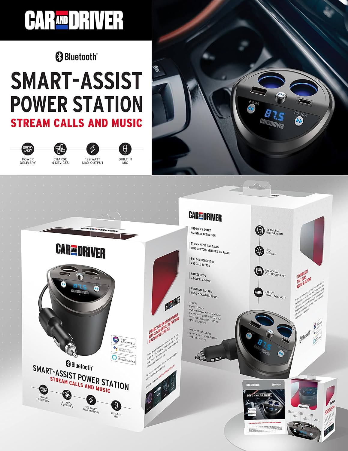 Bluetooth Car Adapter, FM Transmitter, USB-C Port, Cigarette Lighter Socket
