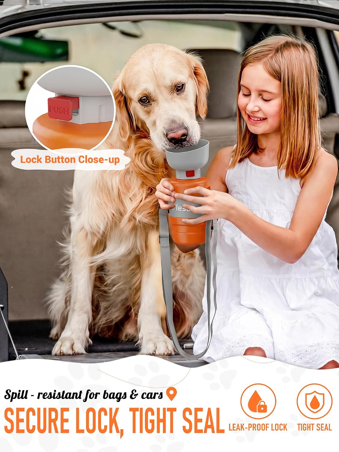 lesotc Dog Water Bottle Portable, 28oz Portable Dog Water Bottle with Bowl, Leak Proof Travel Bowl Dispenser for Dogs, One-Hand Squeeze Puppy Essentials for Walking, Hiking, Camping