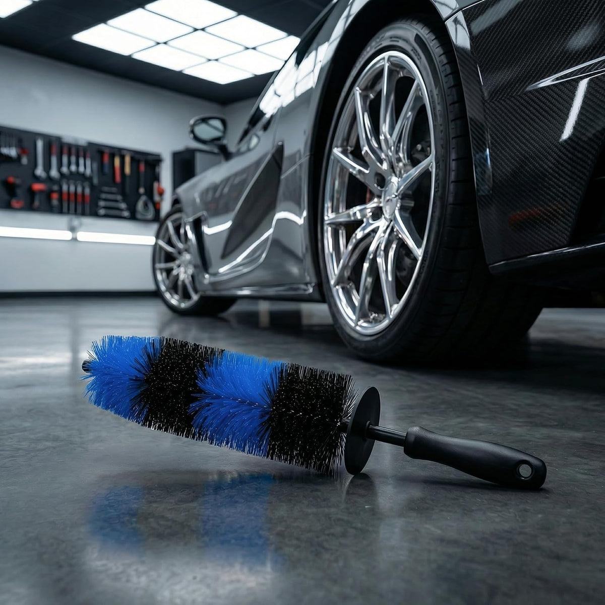 Wheel Tire Detailing Brush, Soft Bristle Wheel Cleaning Brush for Tires, Rims, Fender Wells and Exterior Surfaces, Long Handle Car Wash Brush (Blue)