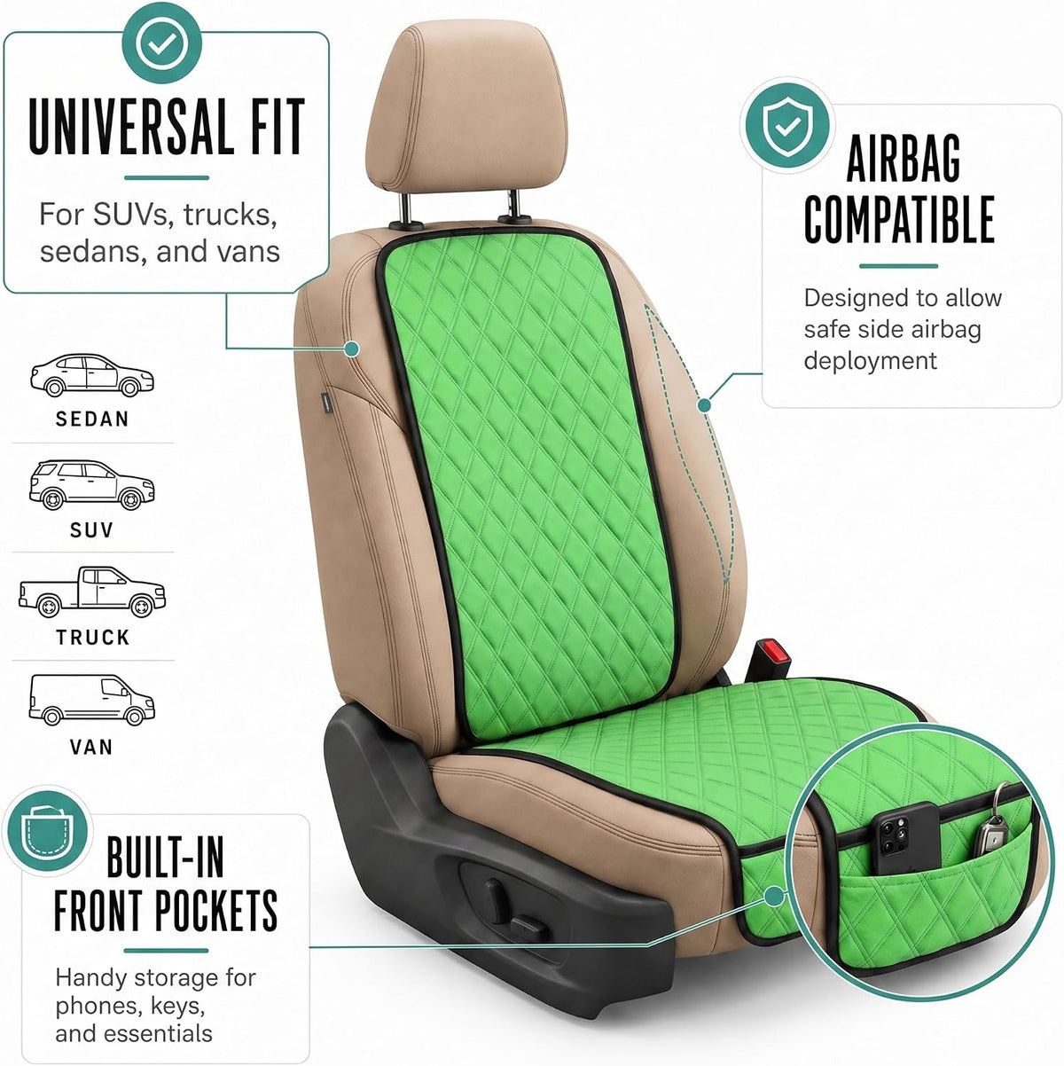 FH Group Car Seat Cushion – Neosupreme Single Front Seat Cover with Front Pockets, Airbag Compatible, Universal Fit Car Seat Cushion for Driver or Passenger Seat, SUV, Truck, Sedan & Van – Green