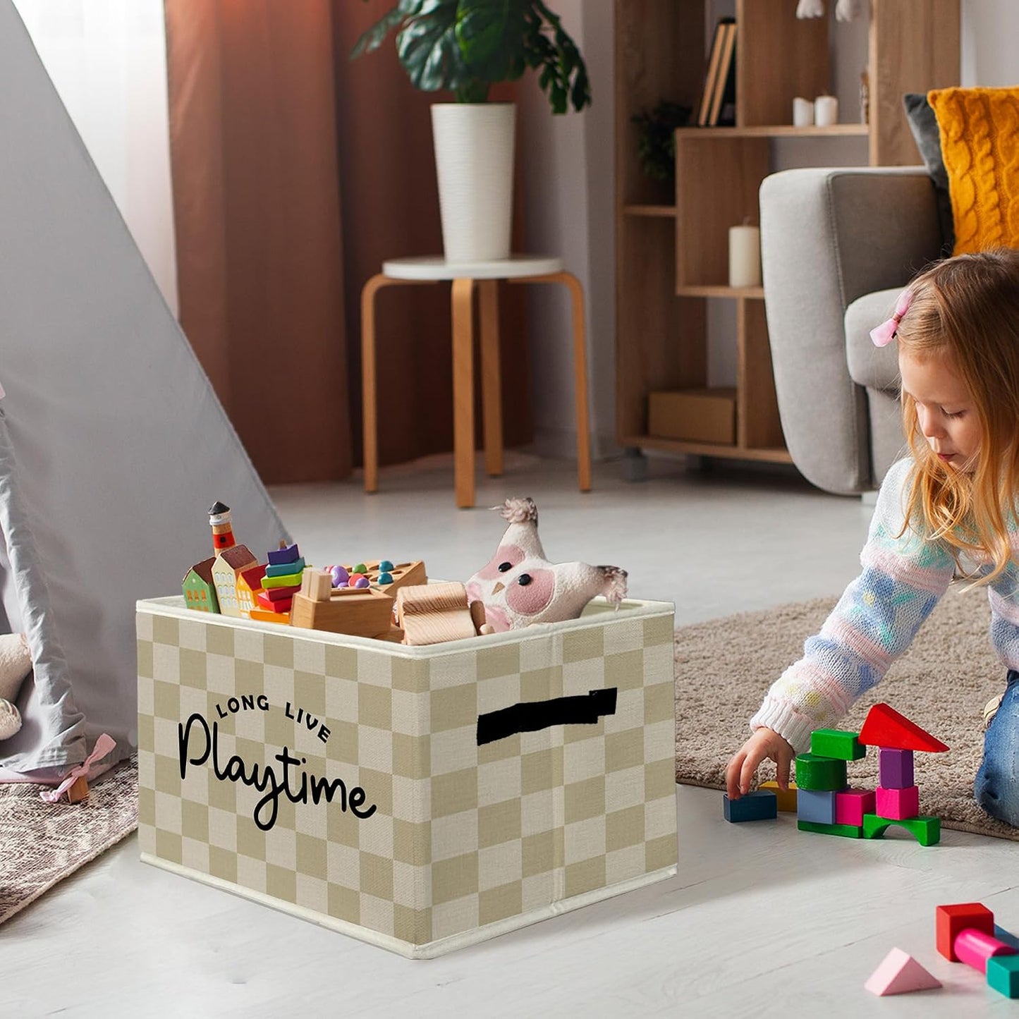 Kids Playroom Storage Bins & Boxes with Handles, Long Live Playtime Foldable Basket for Organizing, Neutral Checkered Collapsible Storage Basket for Bedroom Bathroom Playroom Clothes Toys Books