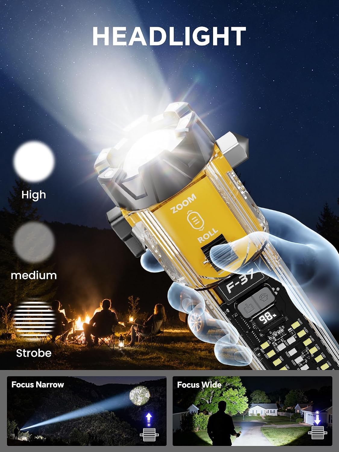 Emergency Flashlight for Car, Seatbelt Cutter Window Breaker, 3000 LM Flashlight Multifunctional Safety Tool—Glass Hammer/Bright Solar Torch/USB-C Rechargeable/Rescue Alarm & Beacon/Repair Magnet