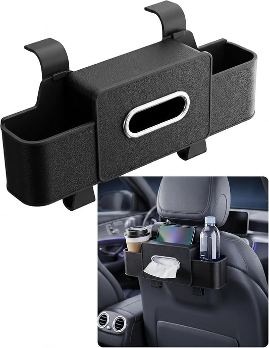 3-in-1 Back Seat Car Organizer, Waterproof Car Tissue Holder with Cup Holder & Hooks, Multifunctional Storage Box for Hold Phones Snacks Drinks Handbags (Black)