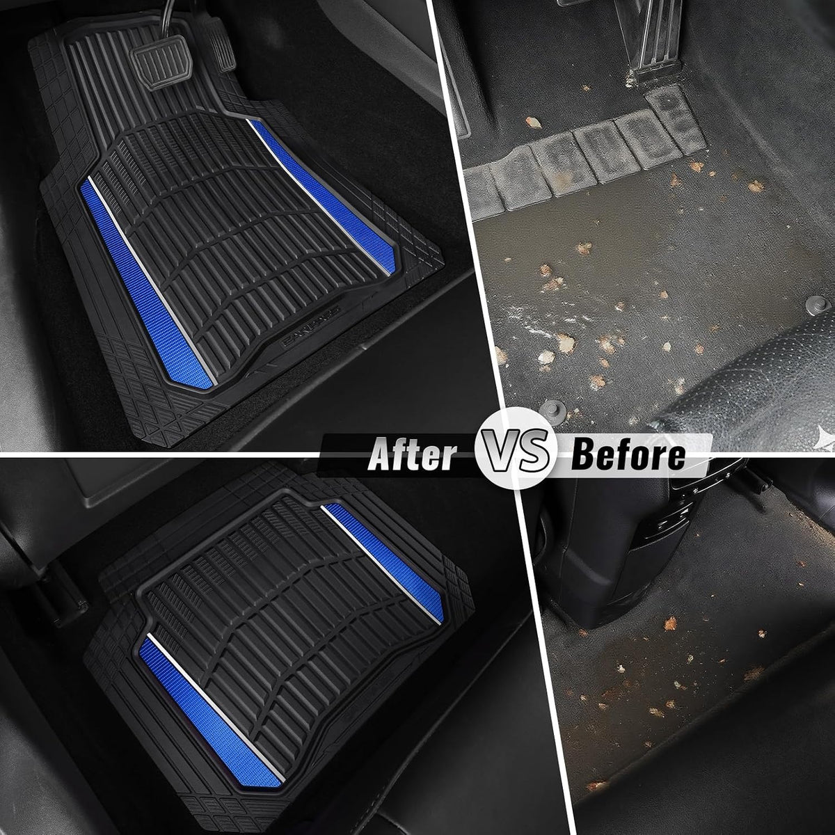 CAR PASS Heavy Duty Rubber Car Floor Mats, Deep Waterproof Car Floor Mats All Weather, Aluminum Film Floor Mats for Cars Non-Slip Universal Trim to Fit for SUVs Trucks Sedans Vans, Black Blue Metallic