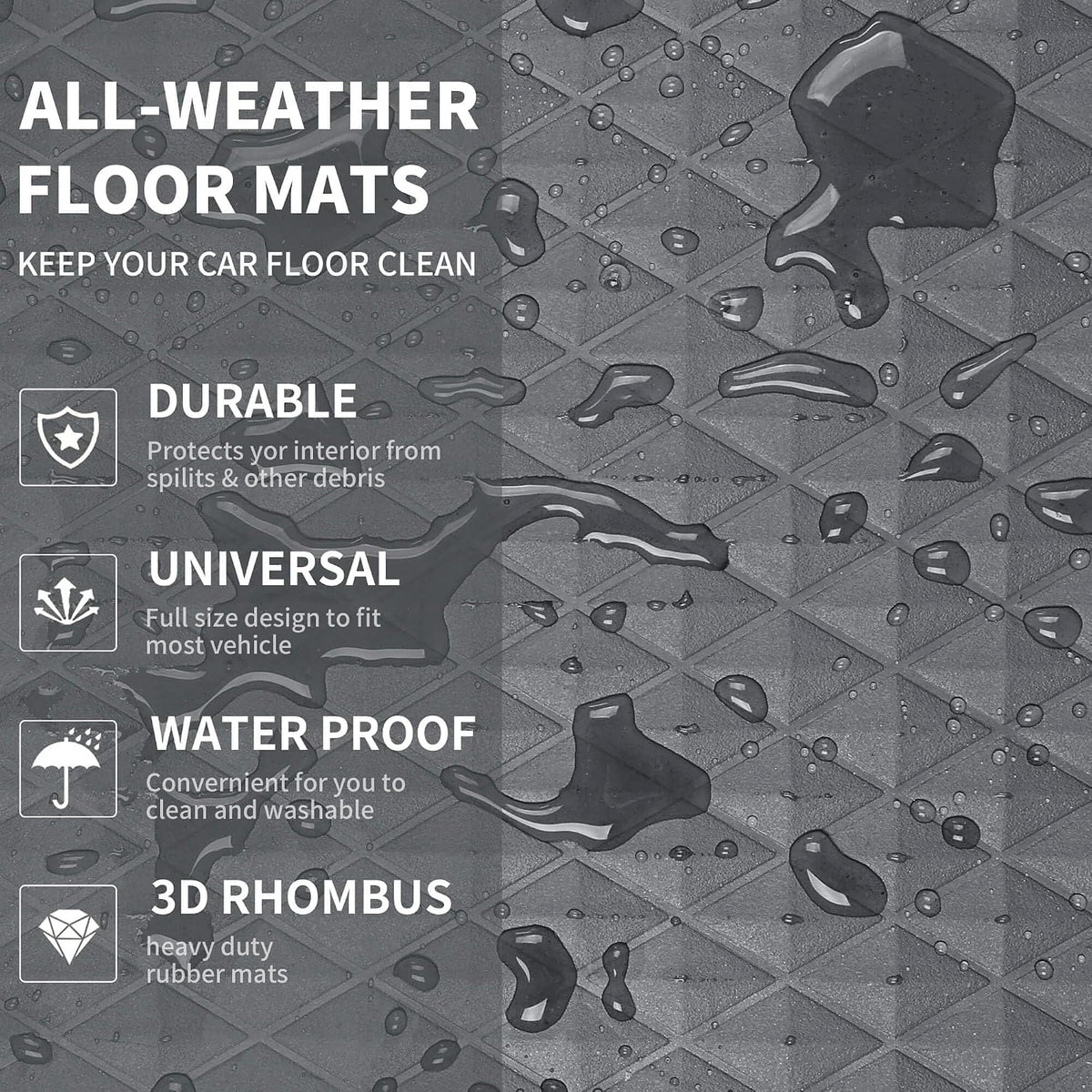 CAR PASS Gray Rubber Car Mats, All-Weather Floor Mats Full Set Durable Anti-Slip 3D Rhombus Waterproof Automotive Pad Trim to Fit Liner Universal Fit for Sedan SUV Truck Van, 4 Pcs All Gray Rubber