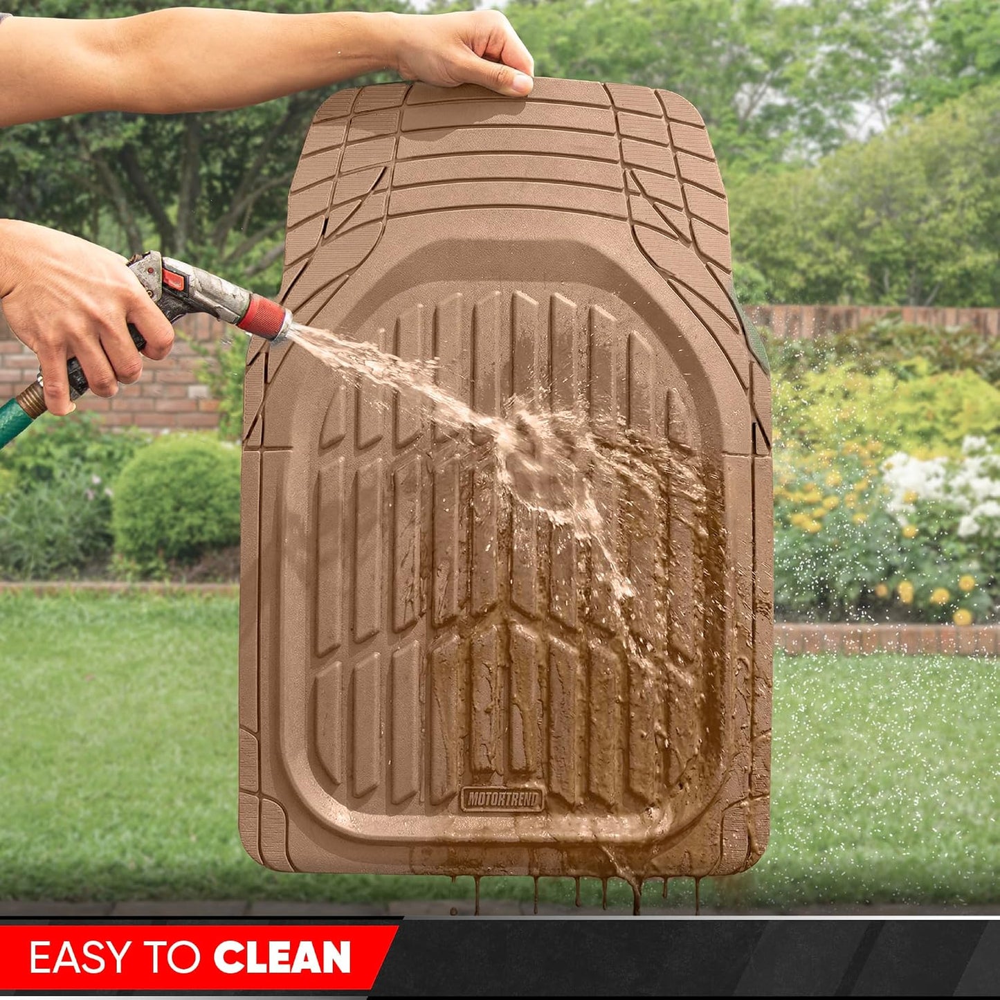 Motor Trend FlexTough LITE Rubber Car Mats Full Set - All Weather Floor Mats for Trucks, Cars & SUVs - Automotive Waterproof Beige Car Floor Mats for Cars Interior Accessories Universal Trim-to-Fit