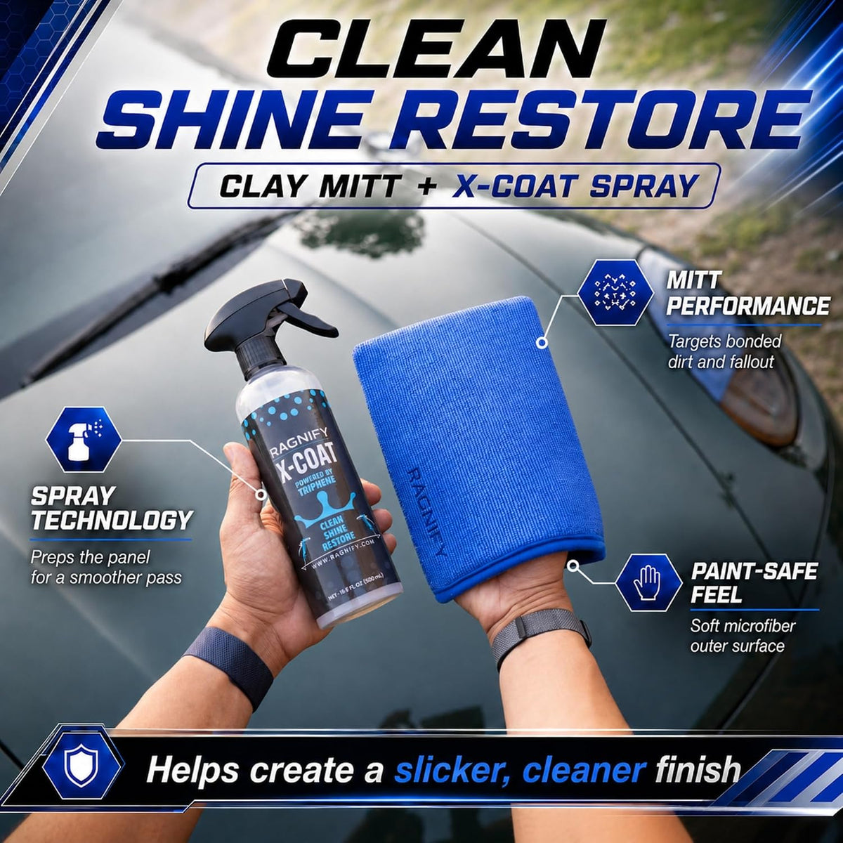 Ragnify Pack of 2 Clay Mitt Auto Detailing Medium Grade Alternative Mitt for Flawless Removal of Surface Bonded Micro Contaminant (Blue)