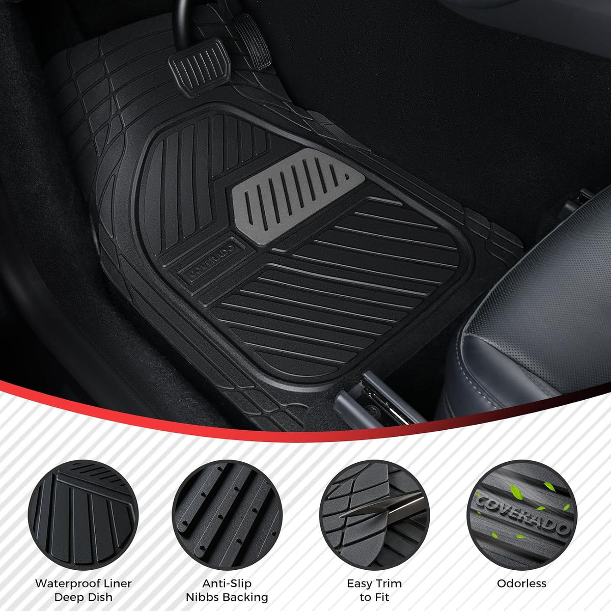 Coverado Car Mats Full Set, Heavy Duty Rubber Floor Mats for Cars, Deep Dish Design All Weather Waterproof Car Floor Mats, Universal Trim-to-Fit Car Mats for Most Cars Trucks SUV, Black&Gray