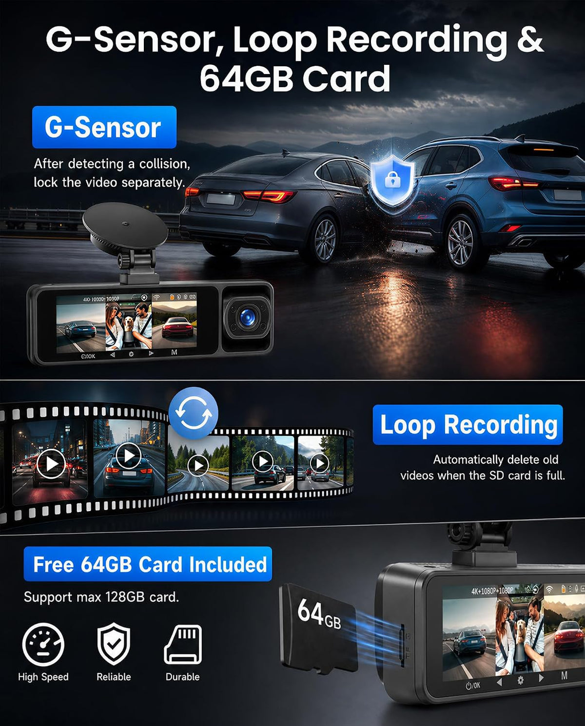 3 Channel Dash Cam 4K Front and Rear Inside with 5.8Ghz WiFi, Free 64G Card