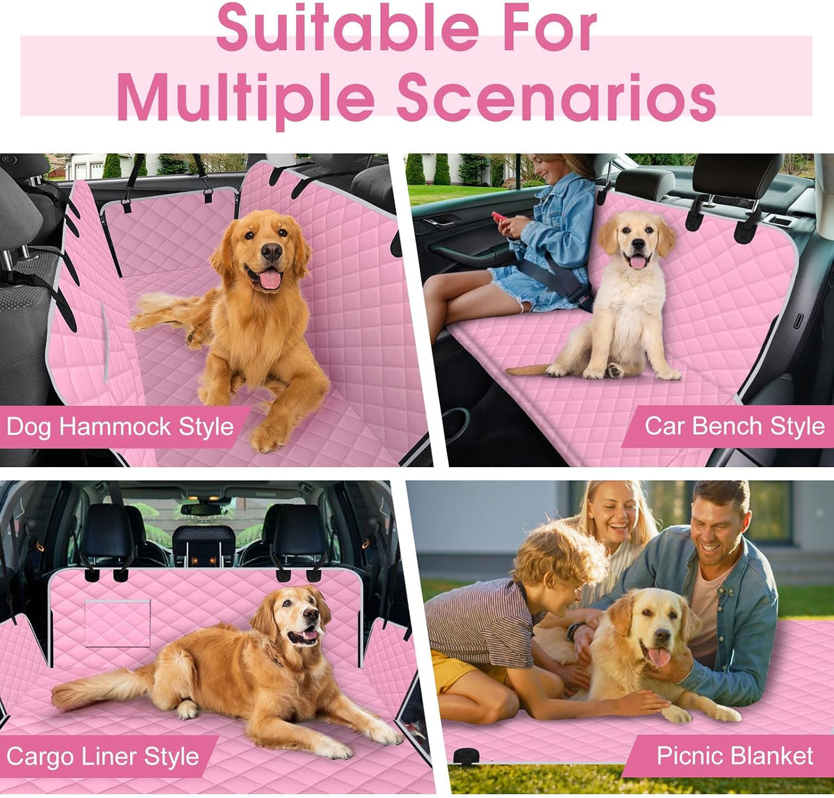 Waterproof Dog Car Seat Cover for Back Seat, Pet Hammock- L, Pink/Grey | Durable waterproof hammock with nonslip design & storage pockets. Protects seats from scratches, fits cars, SUVs & trucks.