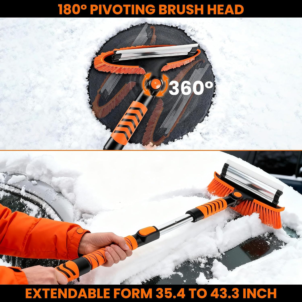 43" Ice Scraper for Car Windshield - 3-in-1 Extendable Snow Brush with 360° Pivot Head, Squeegee & Ergonomic Foam Grip for Christmas Car, SUV, Truck, Auto (Black/Orange)