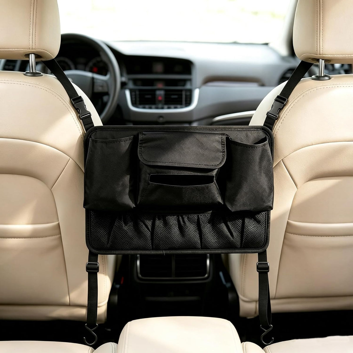 Car Purse Holder Between Seats, PU Leather Mesh Organizer with Cup Holder