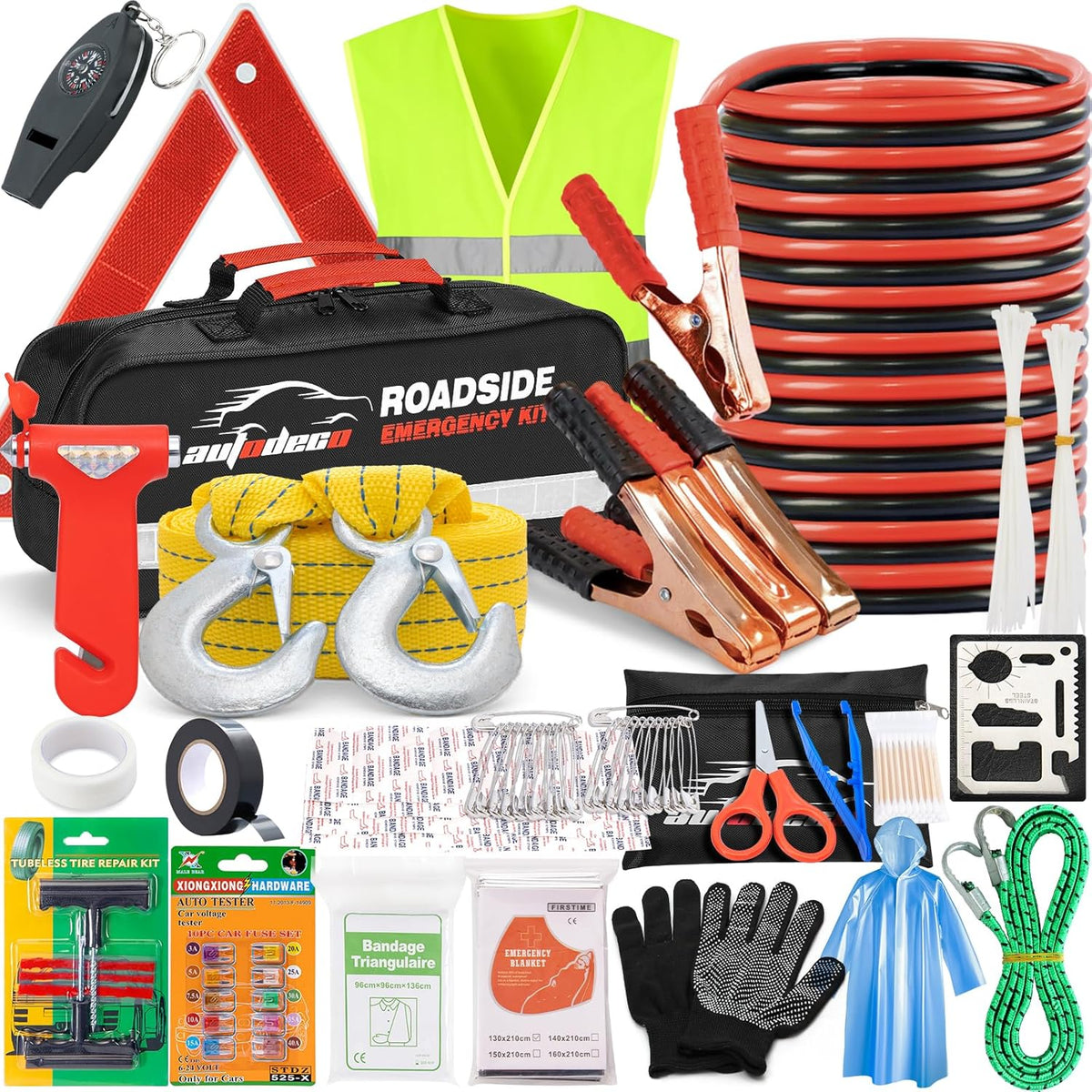 Car Roadside Emergency Kit – Premium, with Jumper Cables, Tow Strap, etc