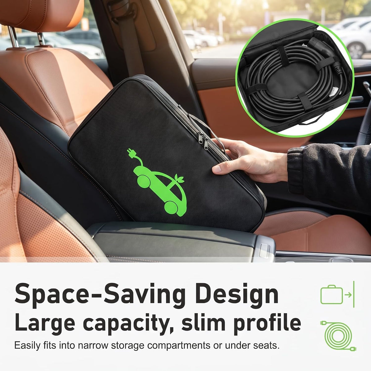 1 Pack EV Charging Cable Storage Bag, Oxford Cloth Charging Cable Bag with Dual Metal Zipper, Portable Jumper Carry Case for Electric Car RV Camper Trailer Accessories (Black)
