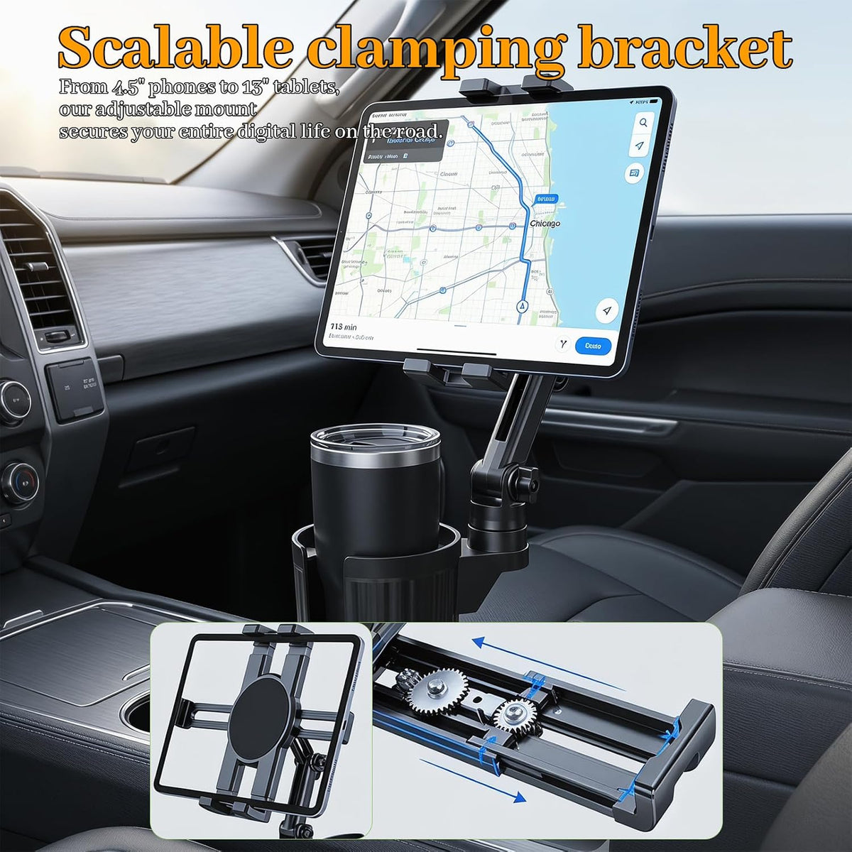 Cup Holder Car Tablet Mount forTruck-Phone Tablet Mount, 360° Rotation Cup Holder Expander for 10-40oz Drink Bottles Mugs, Universal Tablet Phone Holder Fits 4.5"-13" Smartphone & Tablet